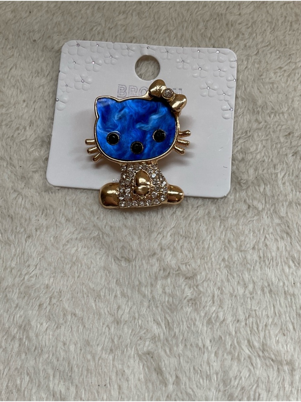 Women Jewelry Brooch - Blue Enamel Cat with Gold & Crystal Accents